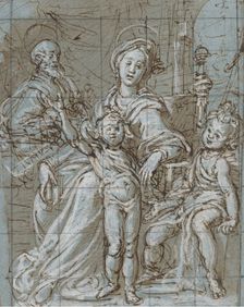 Holy Family with the Infant St. John the Baptist (recto); large-scale cropped sketches..., 1590-92. Creator: Gregorio Pagani
