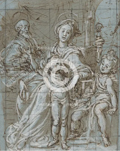 Holy Family with the Infant St. John the Baptist (recto); large-scale cropped sketches..., 1590-92. Creator: Gregorio Pagani.