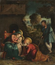 Holy Family with a Shepherd, early 1520s. Creator: Battista Dossi (Italian, ca. 1490-1548)