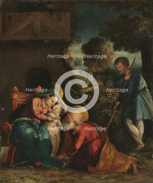 Holy Family with a Shepherd, early 1520s. Creator: Battista Dossi (Italian, ca. 1490-1548).