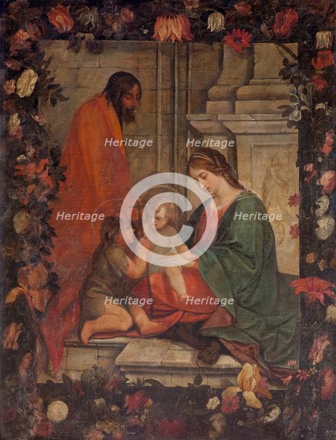 Holy Family with Saint John in a Garland of Flowers, 1685. Creator: Unknown.