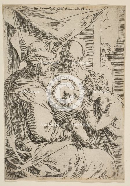 Holy Family with Saint John the Baptist kissing the infant Christ's hand, ca.1642. Creator: Simone Cantarini.
