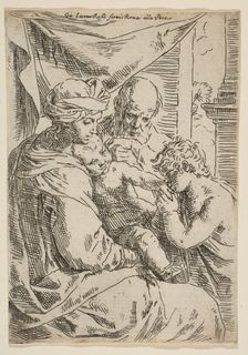 Holy Family with Saint John the Baptist kissing the infant Christ's hand, ca.1642. Creator: Simone Cantarini