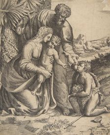 Holy Family with Saint John the Baptist who kneels at the right, 1531-76. Creator: Giulio Bonasone