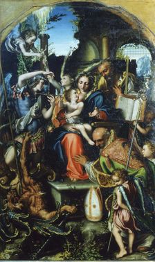 Holy Family with Saint Michael the Archangel and the Devil Contending for Souls, Saint Bernhard and Artist: Gandini del Grano, Giorgio (c. 1500-1538)