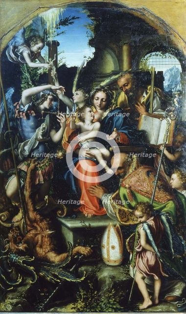 Holy Family with Saint Michael the Archangel and the Devil Contending for Souls, Saint Bernhard and  Artist: Gandini del Grano, Giorgio (c. 1500-1538)