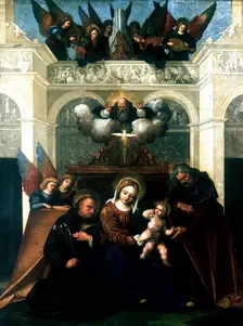 Holy Family with Saint Nicholas of Tolentino 1515-1530. Artist: Lodovico Mazzolini