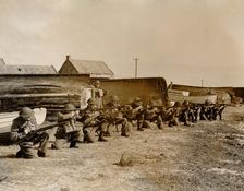 Holy Island fishermen Home Guards rifle practice, Lindisfarne, Northumberland, World War II, 1942