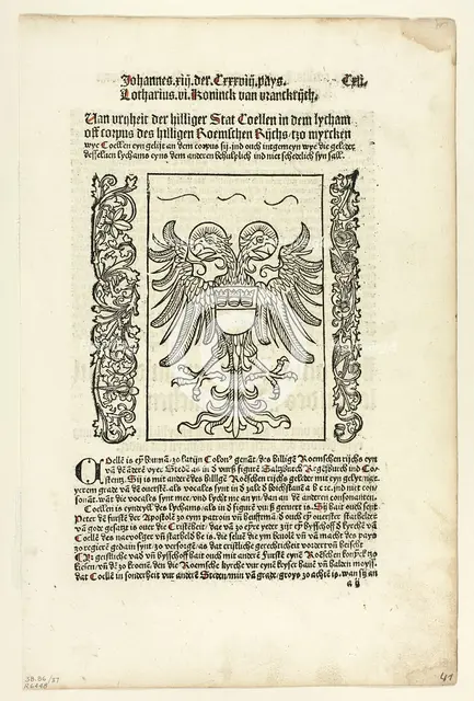 Holy Roman Empire Coat of Arms with Cologne Coat of Arms from Koelner Chronik..., 1929. Creators: Unknown, Johann Koelhoff the Younger, Wilhelm Ludwig Schreiber.
