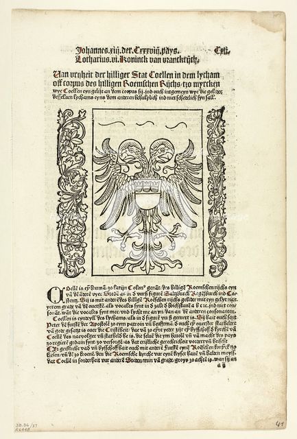 Holy Roman Empire Coat of Arms with Cologne Coat of Arms from Koelner Chronik..., 1929. Creators: Unknown, Johann Koelhoff the Younger, Wilhelm Ludwig Schreiber.