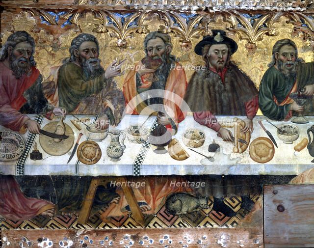 Holy Supper' tempera painting on wood by Jaume Ferrer, detail of the apostles in the left side.