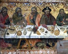 Holy Supper tempera painting on wood by Jaume Ferrer, detail of the apostles in the left side