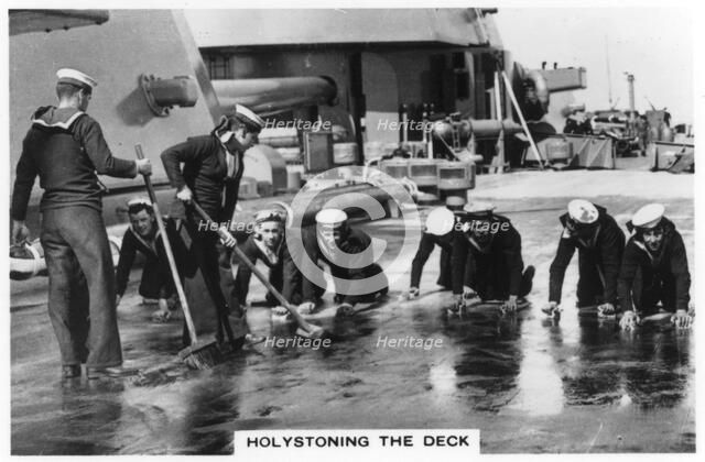 Holystoning the deck, HMS 'Nelson', 1937. Artist: Unknown
