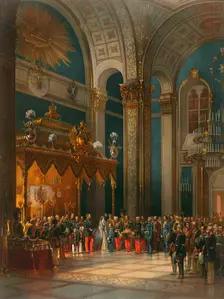 Homage of Cossack officers in the Throne Hall, coronation of Tsar Alexander II, Moscow, 1856. Artist: Georg Wilhelm Timm