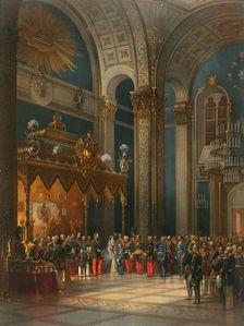 Homage of Cossack officers in the Throne Hall, coronation of Tsar Alexander II, Moscow, 1856. Artist: Georg Wilhelm Timm