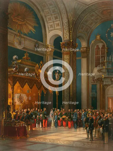 Homage of Cossack officers in the Throne Hall, coronation of Tsar Alexander II, Moscow, 1856.  Artist: Georg Wilhelm Timm