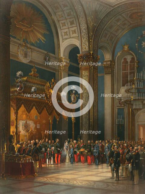 Homage of Cossack officers in the Throne Hall, coronation of Tsar Alexander II, Moscow, 1856.  Artist: Georg Wilhelm Timm