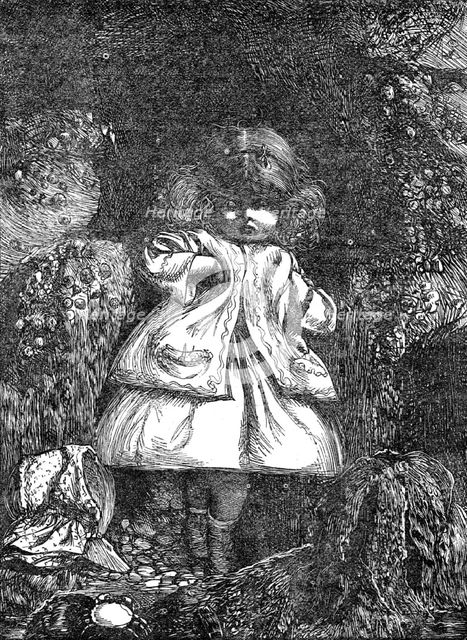 "Home Thoughts:" the Child among the Rocks, 1864. Creator: Dalziel Brothers.
