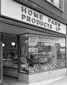 Home Farm Products Ltd butcher's shop front, Sheffield, South Yorkshire, 1966. Creator: Michael Walters