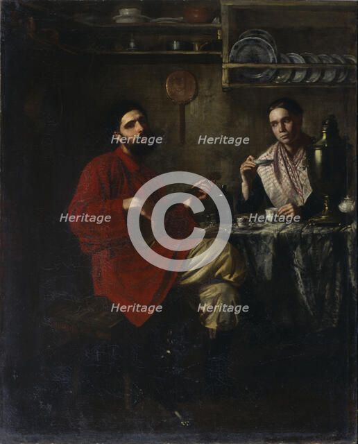 Homely scene of peasant life, 1855. Artist: Nevrev, Nikolai Vasilyevich (1830-1904)