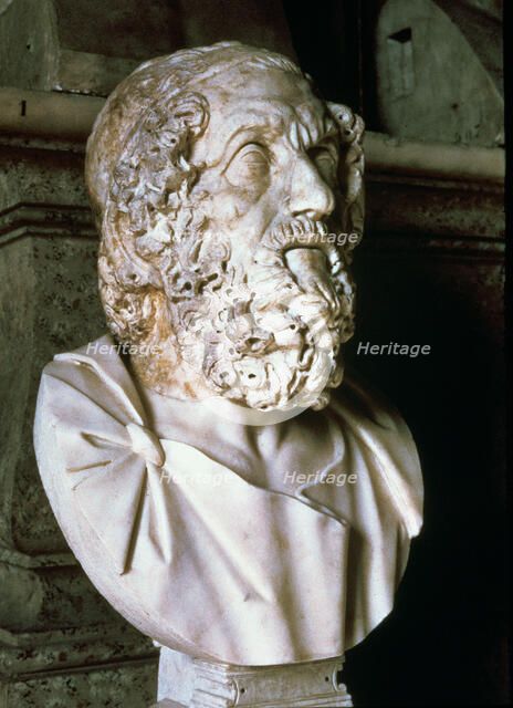 Homer (c. 850 a.C.), Greek epic poet, bust, Roman copy.