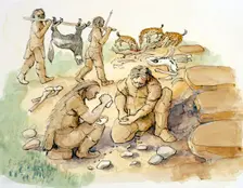 Hominids and Hyenas, Upper Paleolithic, (c1990-2010). Artist: Judith Dobie