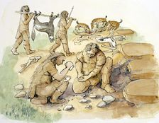 Hominids and Hyenas, Upper Paleolithic, (c1990-2010). Artist: Judith Dobie