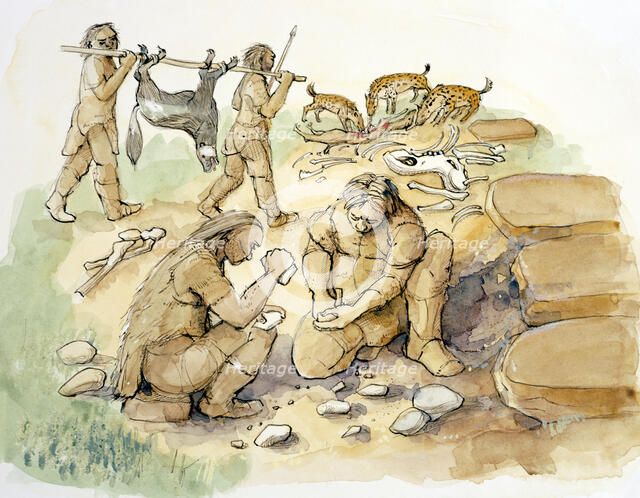 Hominids and Hyenas, Upper Paleolithic, (c1990-2010). Artist: Judith Dobie.