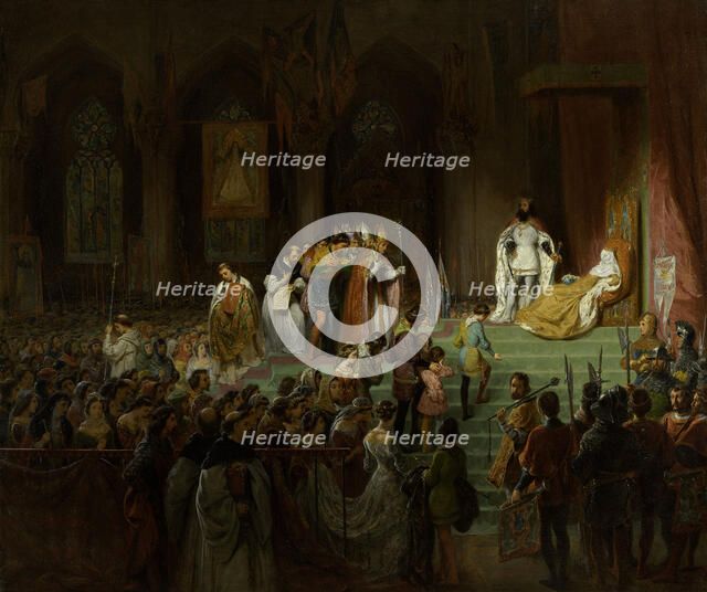 Hommages publics rendus dans l’église Sainte Claire de Coïmbra, aux restes d’Ines..., 1828. Creator: Gillot Saint-Evre.