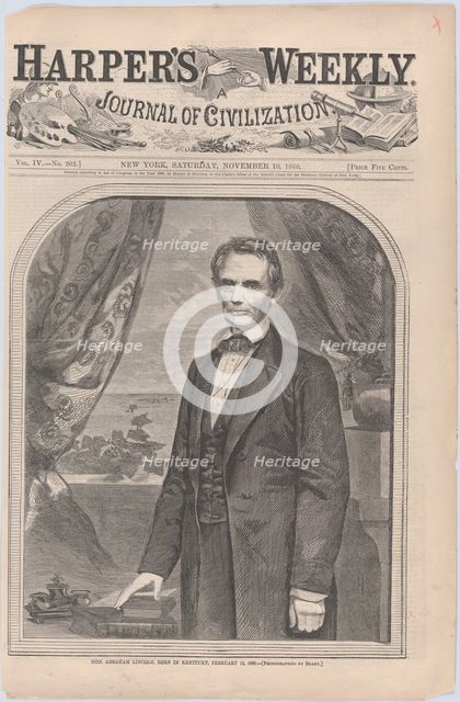 Hon. Abraham Lincoln, born in Kentucky, February 12, 1809 (Harper's Weekly, V..., November 10, 1860. Creator: Unknown.