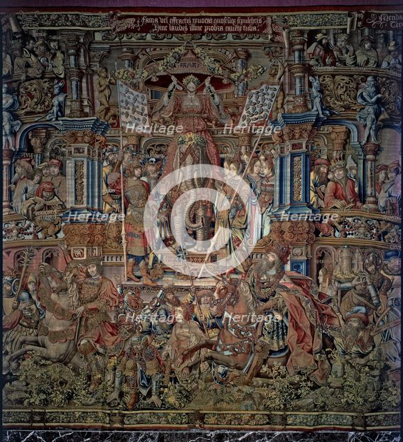 Honours'. 'The Fame', central detail of tapestry # 6 representing Fame seated on an elephant and …