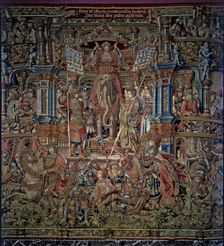 Honours The Fame central detail of tapestry # 6 representing Fame seated on an elephant and …