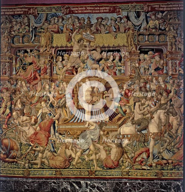  'Honours'. 'Calumny', central detail of the tapestry No. 9 showing the procession of vices dragg…