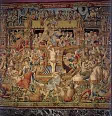 Honours Calumny central detail of the tapestry No. 9 showing the procession of vices dragg…