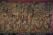 Honours Justice tapestry 7: Core allegory centered on a throne and assisted by the Temperanc…