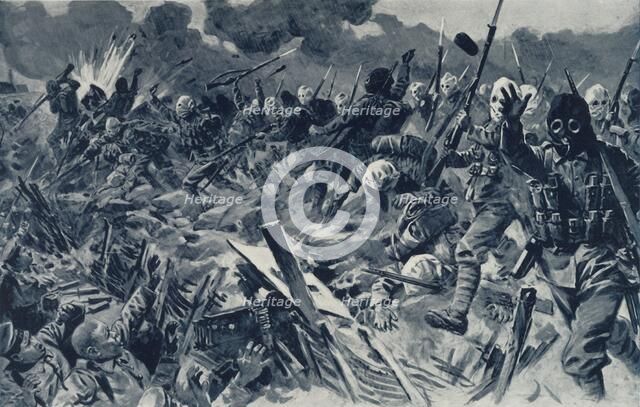 'Hooded British Territorials charging the German Trenches at Loos, September 25th, 1915', 1916. Creator: Unknown.