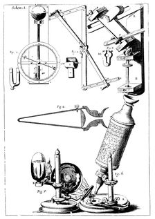 Hooke's microscope with condenser for concentrating light, 1665. Creator: Unknown
