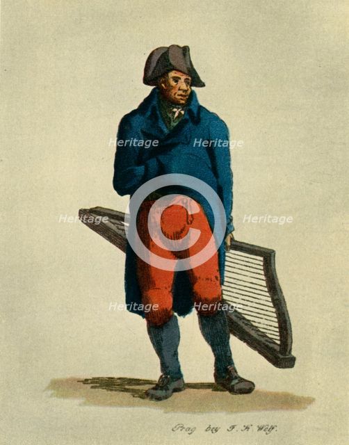 'Hooked harp and barrel-organ. Types of Prague musicians', 1948. Artist: Unknown.