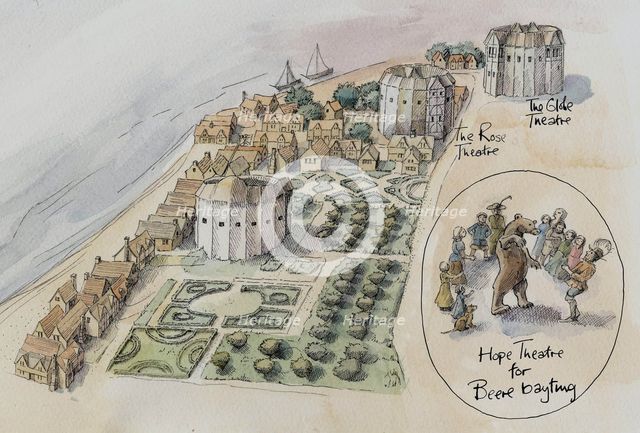 Hope Theatre, Rose Theatre and Globe Theatre, Southwark, London, c1647 (2016). Creator: Judith Dobie.