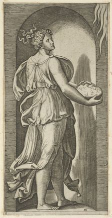 Hope personified as a woman standing in a niche facing right, holding a container o..., ca. 1515-25. Creator: Marcantonio Raimondi