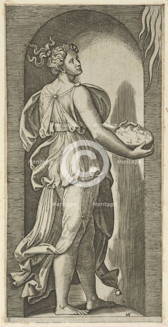 Hope personified as a woman standing in a niche facing right, holding a container o..., ca. 1515-25. Creator: Marcantonio Raimondi.