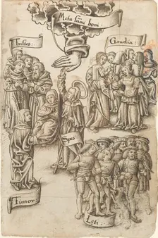 Hope, Reaching for Heaven, Stands among Sad and Happy Men, Joys...[fol. 19 recto], c1512/1515. Creator: Unknown