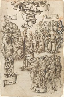 Hope, Reaching for Heaven, Stands among Sad and Happy Men, Joys...[fol. 19 recto], c1512/1515. Creator: Unknown