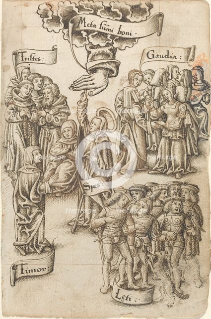 Hope, Reaching for Heaven, Stands among Sad and Happy Men, Joys...[fol. 19 recto], c1512/1515. Creator: Unknown.