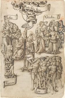 Hope, Reaching for Heaven, Stands among Sad and Happy Men, Joys...[fol. 19 recto], c1512/1515. Creator: Unknown