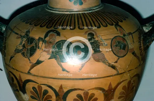 Hoplites Fighting, detail of a Greek pot, (Hydria), c530-510 BC Artist: Unknown.