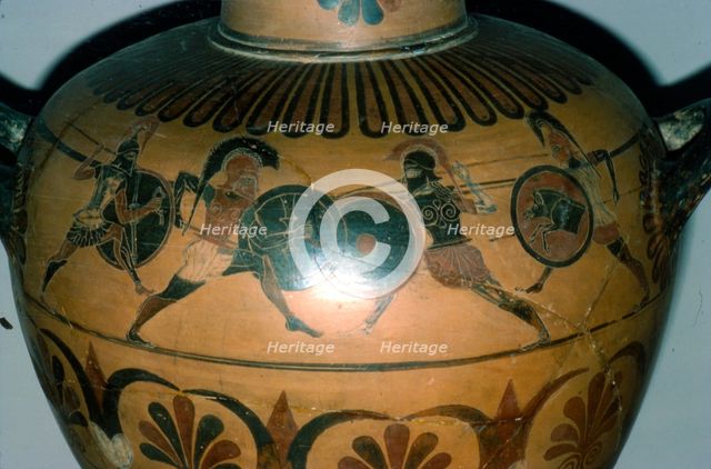 Hoplites Fighting, detail of a Greek pot, (Hydria), c530-510 BC Artist: Unknown.