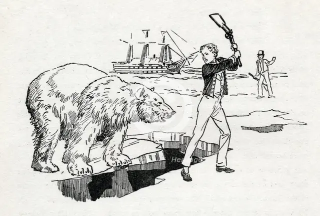 Horatio Nelson confronts a polar bear in the Arctic, c1900. Creator: Howard Davie.