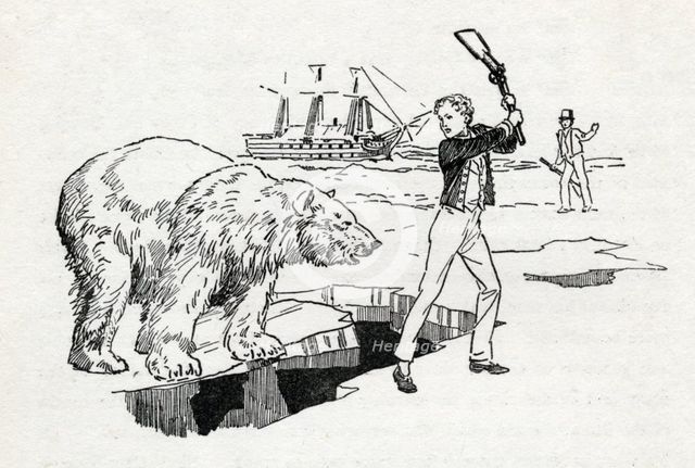 Horatio Nelson confronts a polar bear in the Arctic, c1900. Creator: Howard Davie.