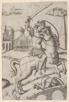Horatius Cocles on horseback, trampling a fallen soldier, ca. 1510-27. Creator: Marcantonio Raimondi